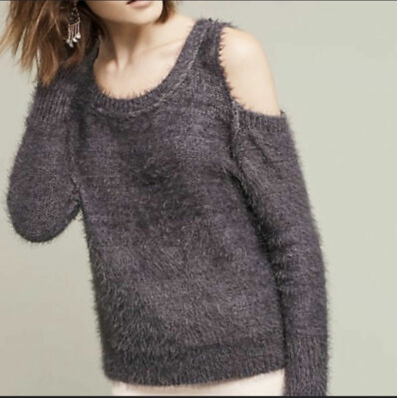 Moth by Anthropologie Bienne Gray Chenille Eyelash Fuzzy Sweater Cold Shoulder L - Picture 10 of 11